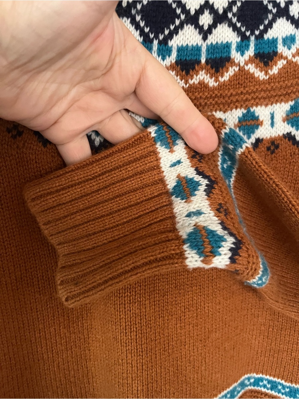 J.Crew SzS Fair Isle Lambswool Blend Mock Neck Sweater, Rust/Royal - Picture 5 of 7